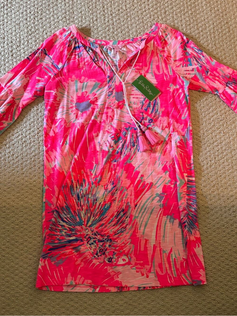Lilly Pulitzer Hot Pink Multi-Color Floral Tunic Dress with Tassel Tie